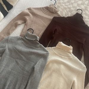 Set of Four Knit Turtle Neck Long Sleeve Tops -Brown, Oatmeal, Cream, Light Grey